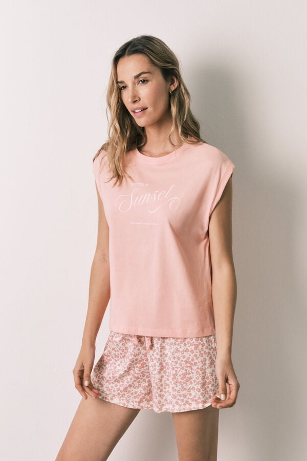 Women'secret Pijama curto em algod&atilde;o rosa miniflor rosa