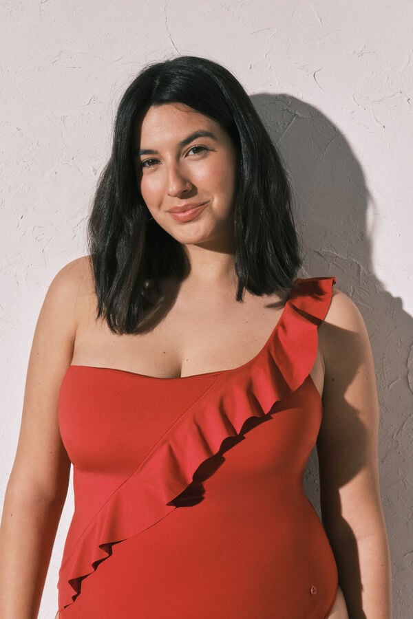 Women'secret Fato de banho moldador laranja e com folho assim&eacute;trico  vermelho