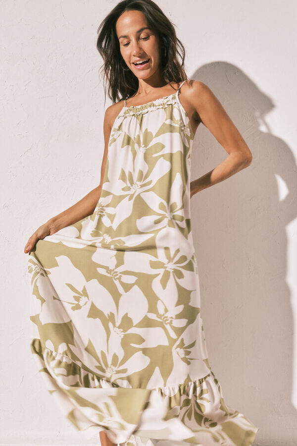 Women'secret Vestido comprido de al&ccedil;as com estampado de flores verde