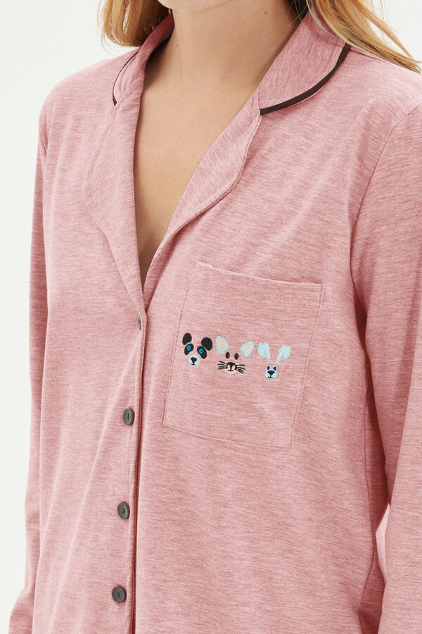 Trendyol Conjunto de pijama camiseiro com bolso e debrum de algodão rosa  rosa