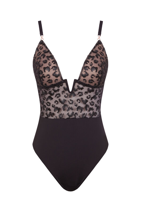 Women'secret Black animal print embroidered tulle body black