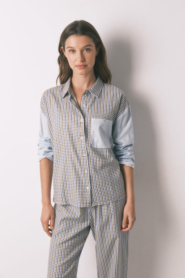 Women'secret Pijama comprido longo xadrez e bolinhas verde