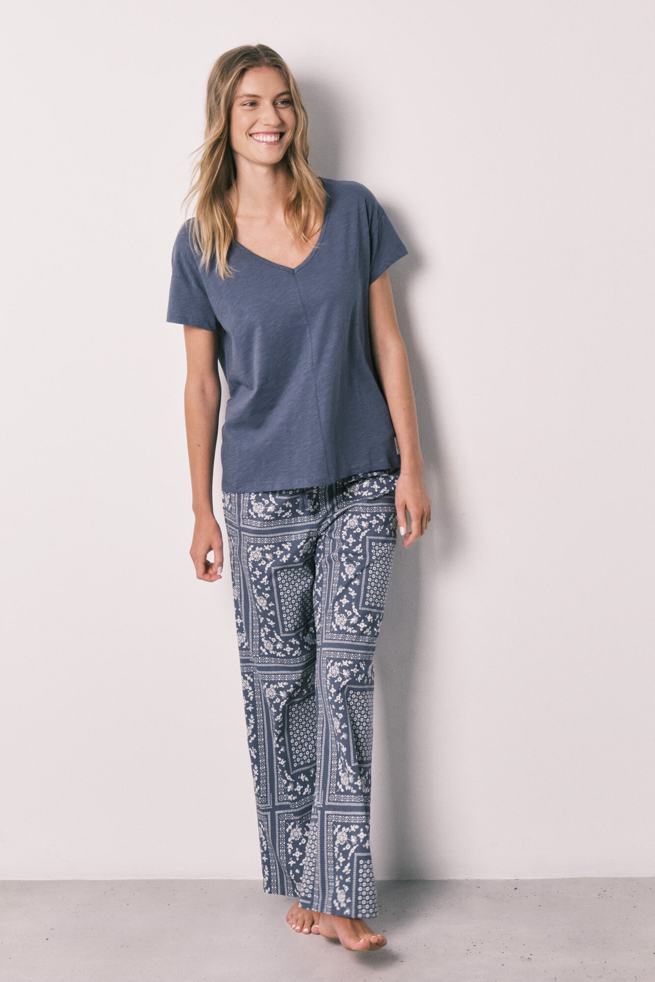 Women'secret Pijama comprido de manga curta em algod&atilde;o estampado bandana azul