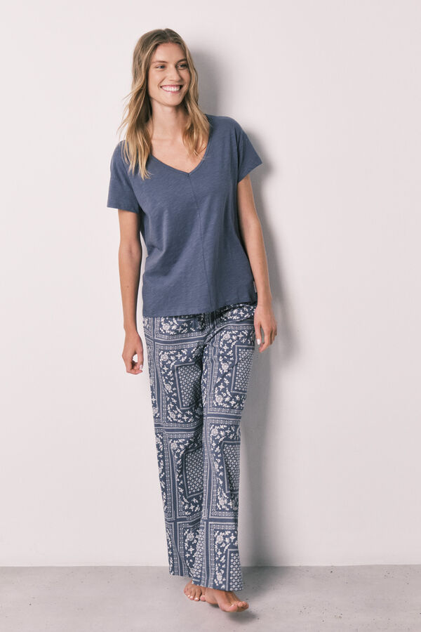 Women'secret Pijama comprido de manga curta em algod&atilde;o estampado bandana azul azul