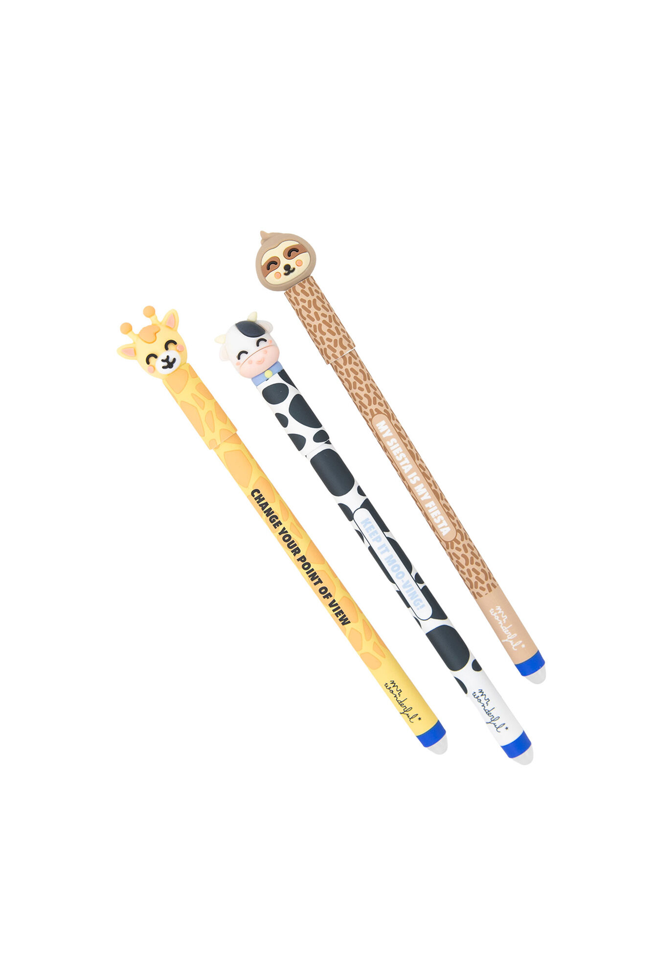 Mr. Wonderful Conjunto de 3 canetas apag&aacute;veis ​​com estampa de animal Bo-Bo - Girafa, Vaca e Pregui&ccedil;a