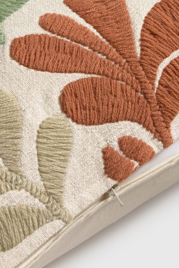 Textura Capa de almofada em algod&atilde;o com bordado de folhas e flores estampado