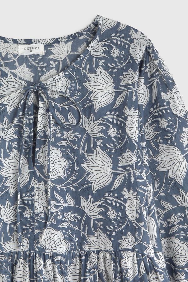 Textura T&uacute;nica em algod&atilde;o estampada curta azul