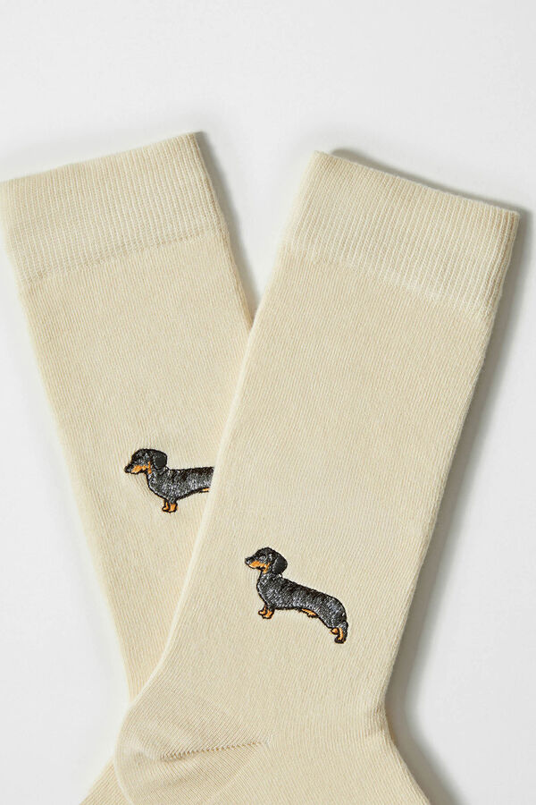 Besocks Meias altas estampado c&atilde;o salsicha em algod&atilde;o org&acirc;nico branco