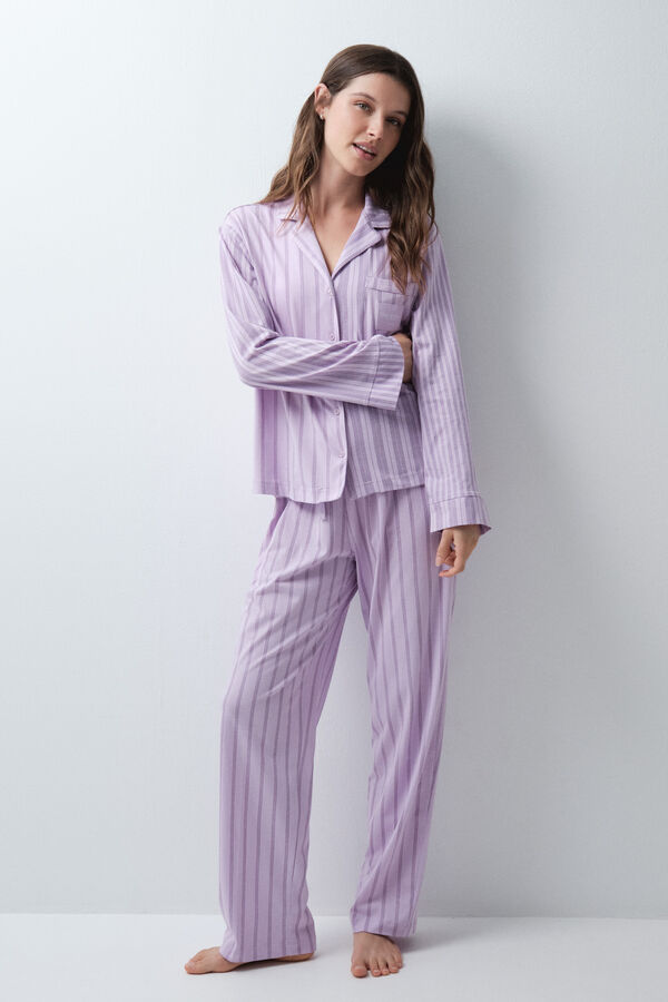Women'secret Pijama comprido camiseiro de riscas lil&aacute;s rosa