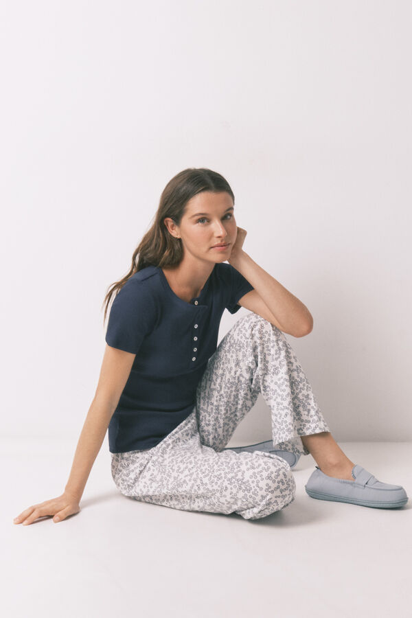Women'secret Cal&ccedil;as compridas em algod&atilde;o estampado floral azul