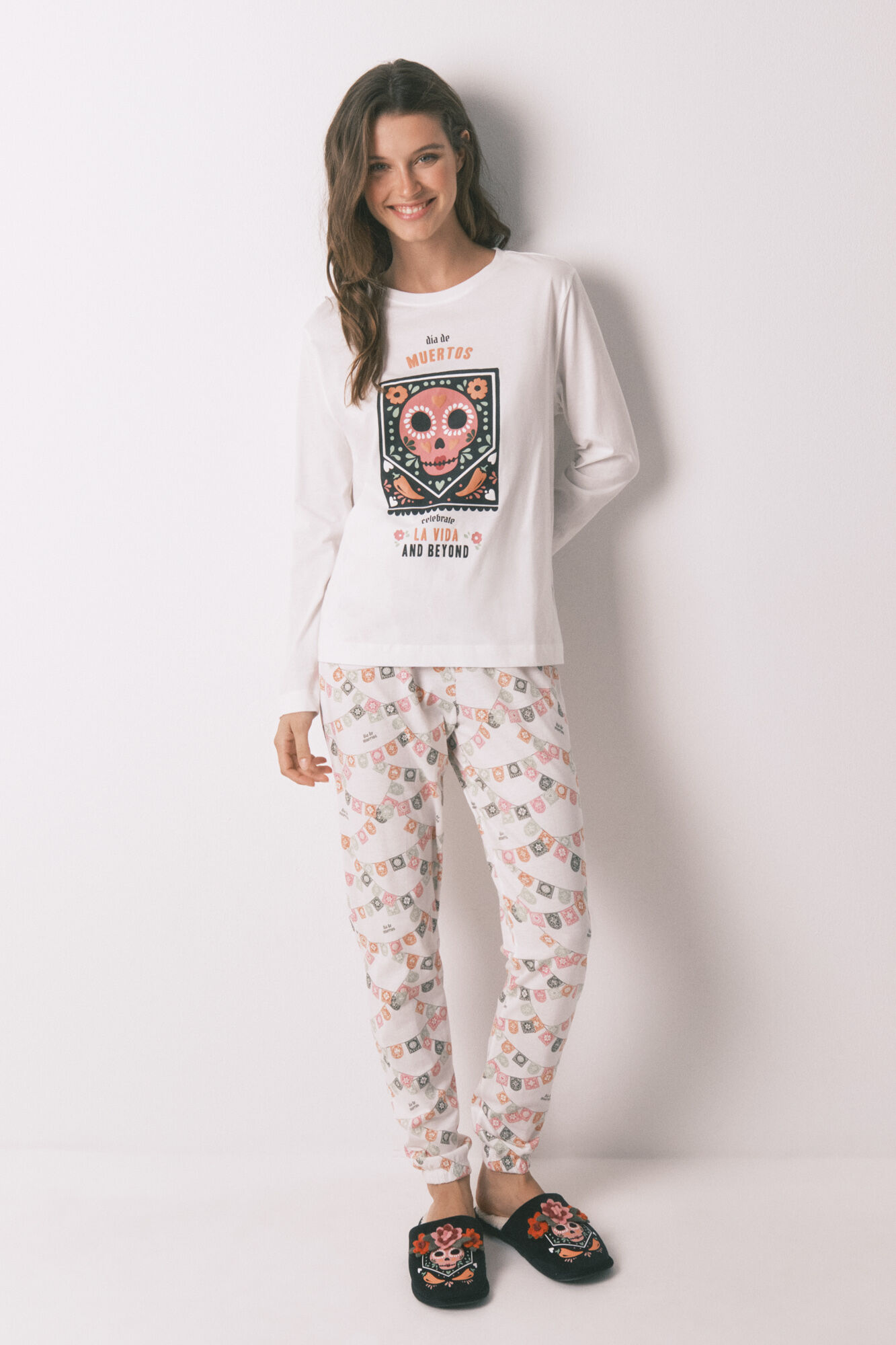 Women'secret Pijama comprido "Dia dos Mortos" 100% algod&atilde;o na cor marfim