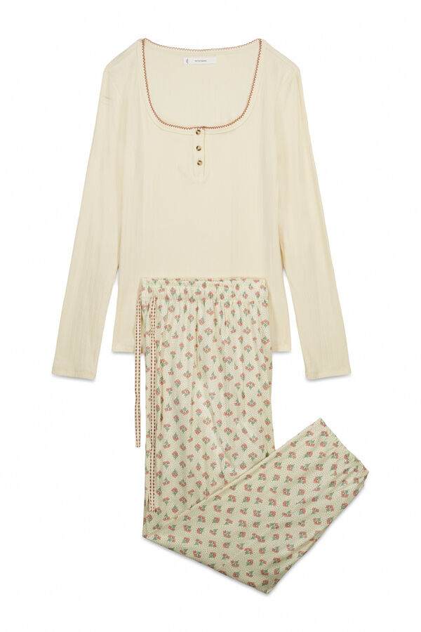 Women'secret Pijama comprido em algod&atilde;o estampado de flores amarelo bege