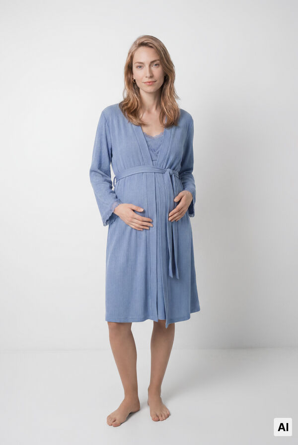 Women'secret Robe midi com cinto azul com mangas de renda azul