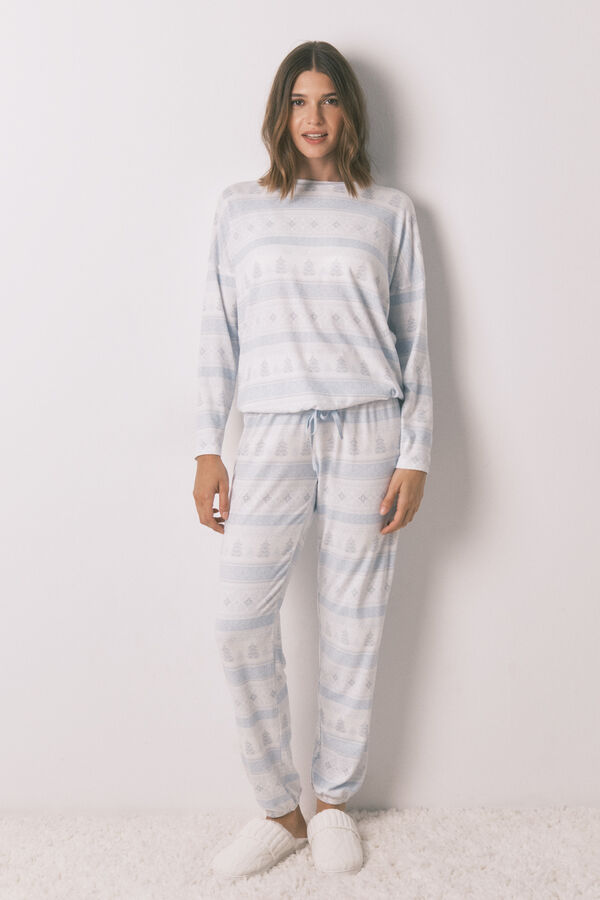 Women'secret Pijama pijama comprido de malha macia com bordas azuis azul