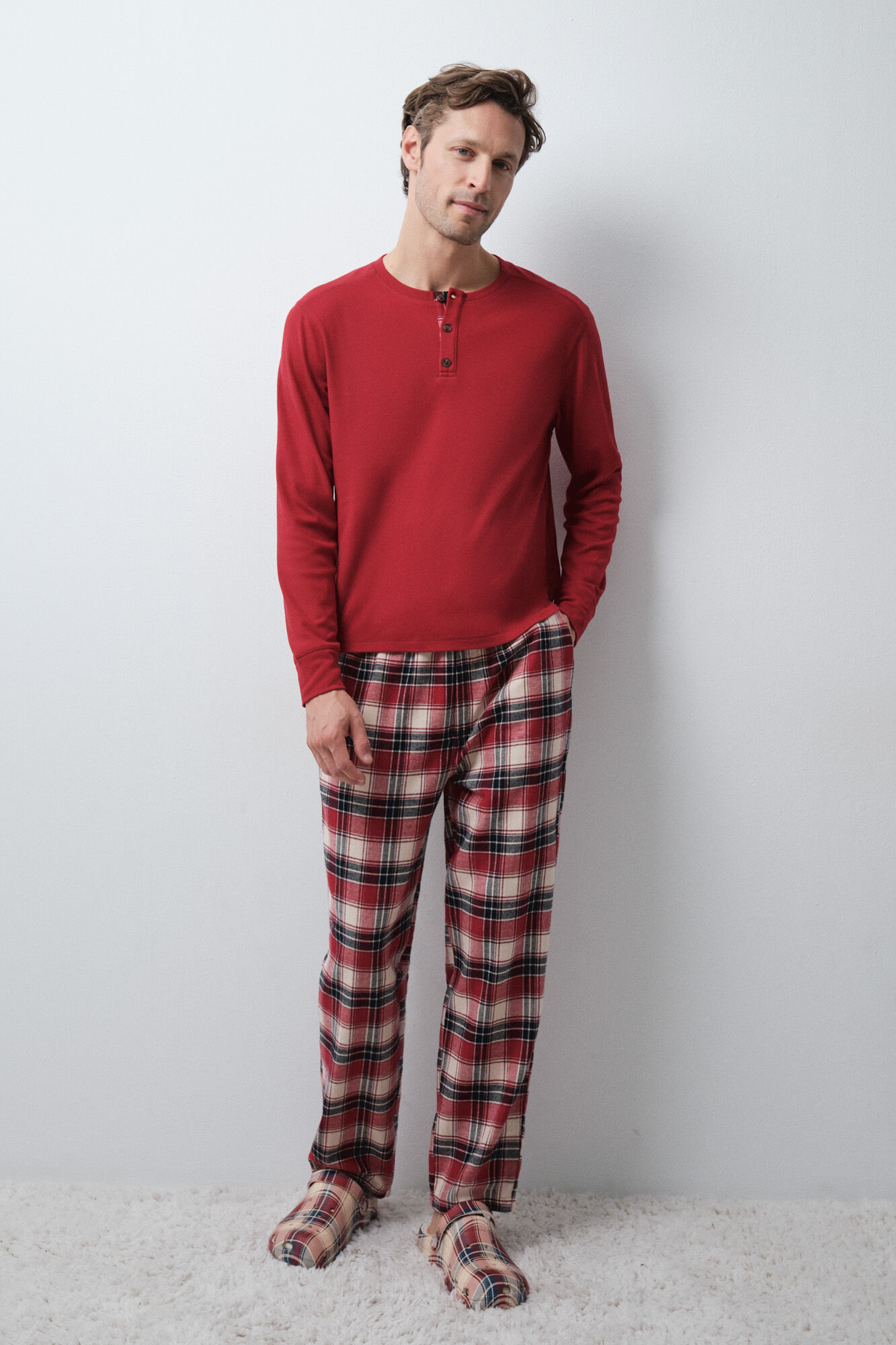 Women'secret Pijama de homem camiseiro aos quadrados vermelho