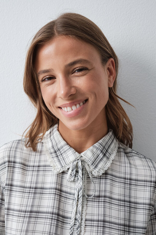 Women'secret Pijama comprido camiseiro em xadrez com detalhes em renda branco