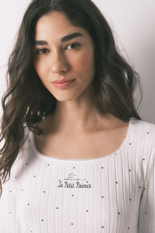 Women'secret Pijama comprido canelado estampado de estrelas branco bege