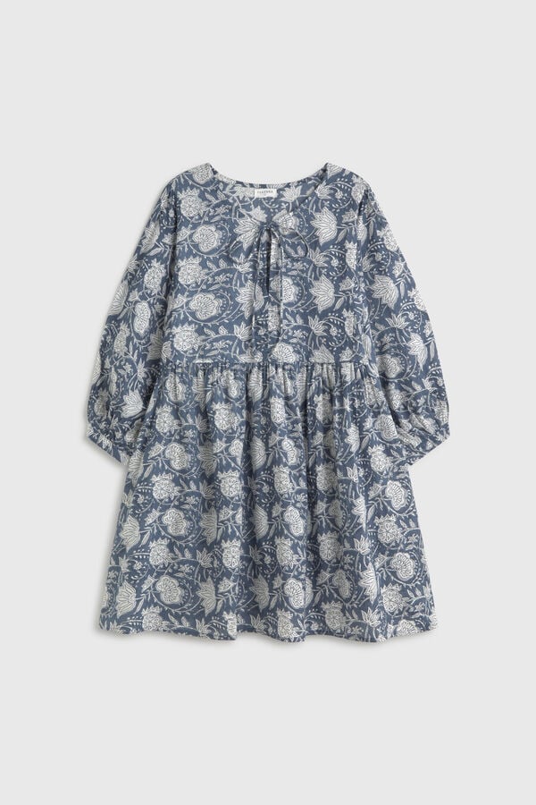 Textura T&uacute;nica em algod&atilde;o estampada curta azul