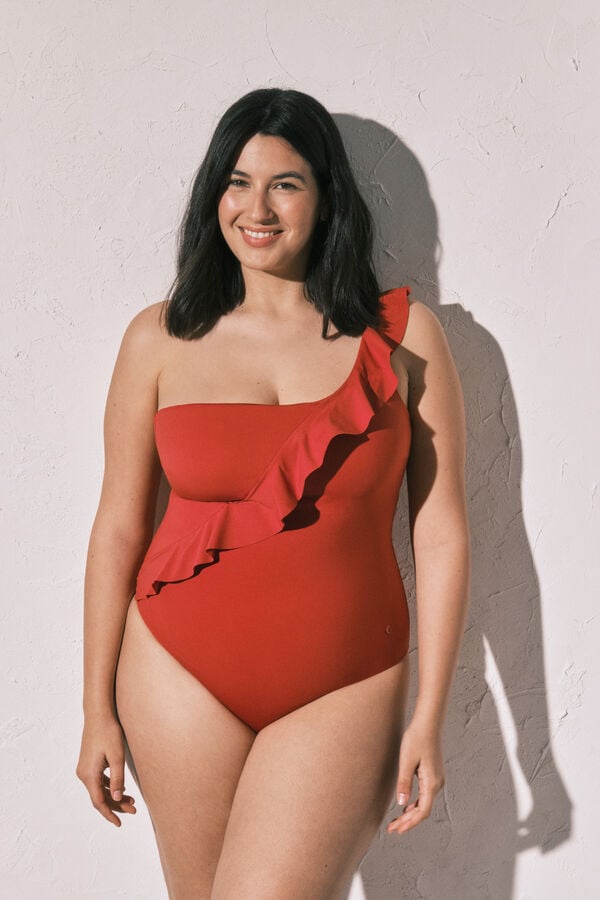 Women'secret Fato de banho moldador laranja e com folho assim&eacute;trico  vermelho