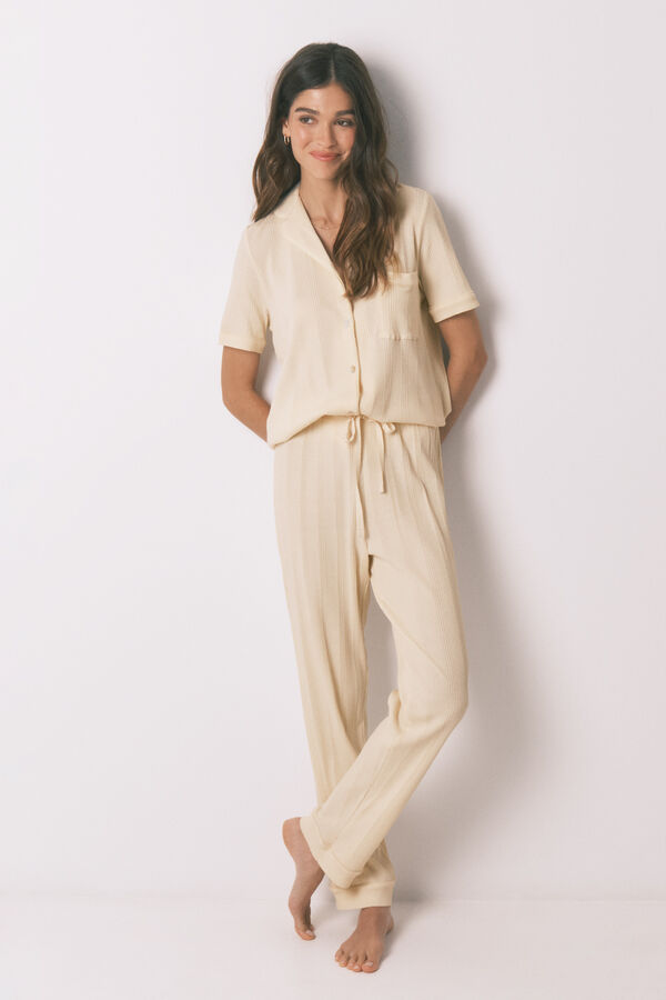 Women'secret Yellow cotton ribbed classic pyjamas beige