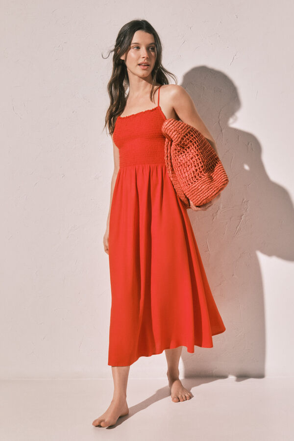 Women'secret Vestido comprido em linho laranja borgonha