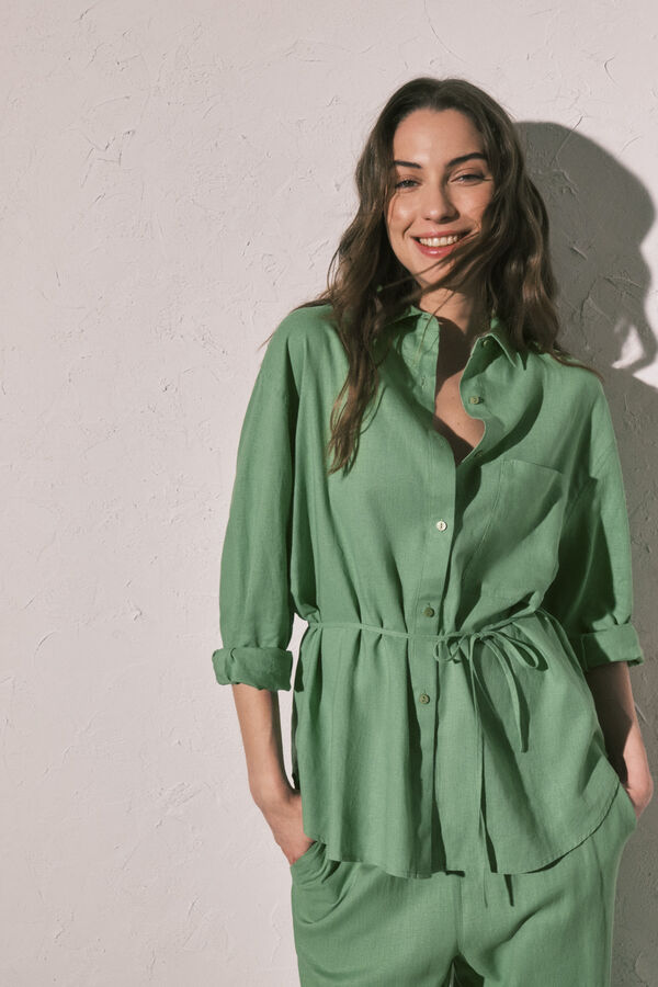 Women'secret Camisa de manga comprida em linho verde verde