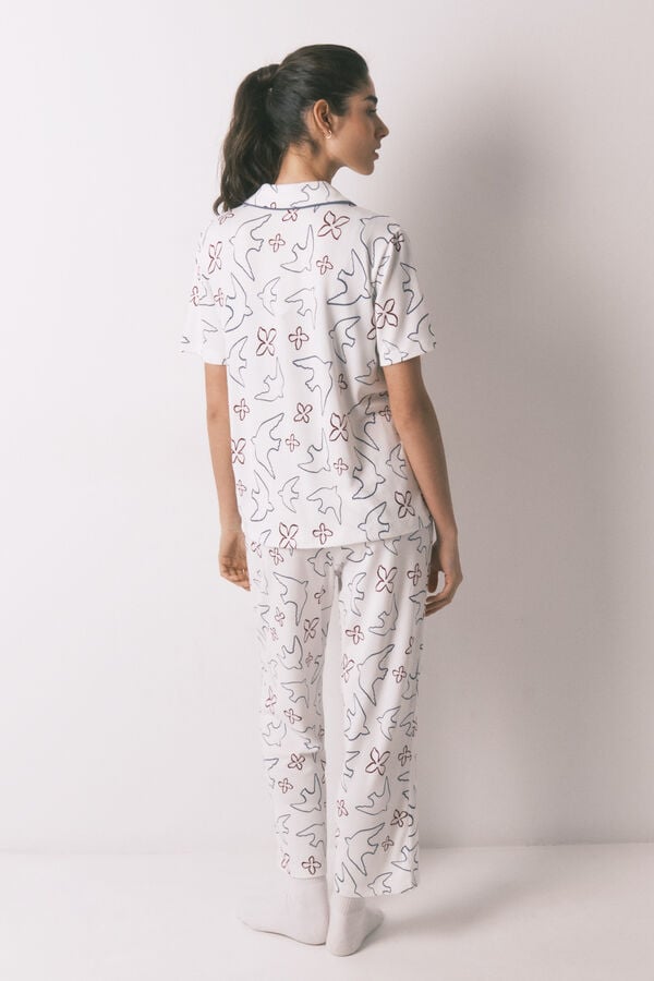 Women'secret Pijama camiseiro estampado de p&aacute;ssaros em algod&atilde;o branco branco