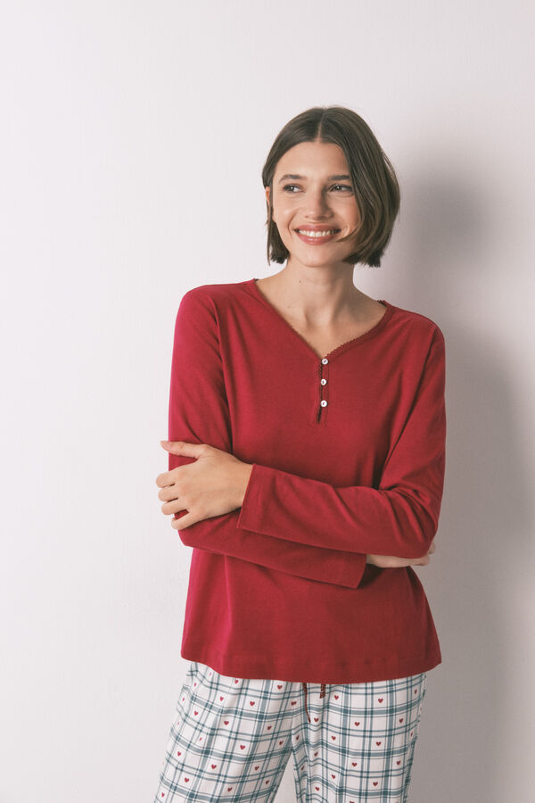 Women'secret T-shirt vermelha de manga comprida 100% algod&atilde;o vermelho