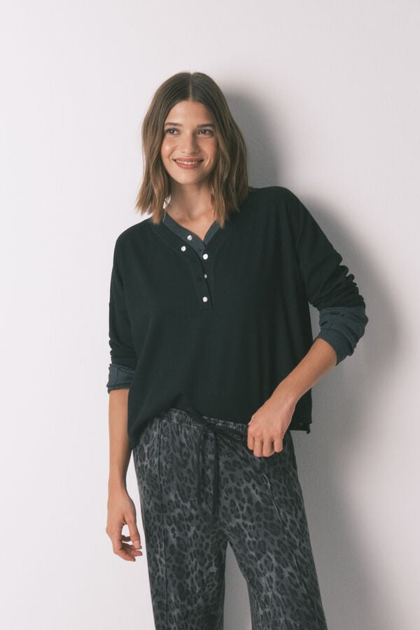 Women'secret T-shirt preta de manga comprida waffle preto