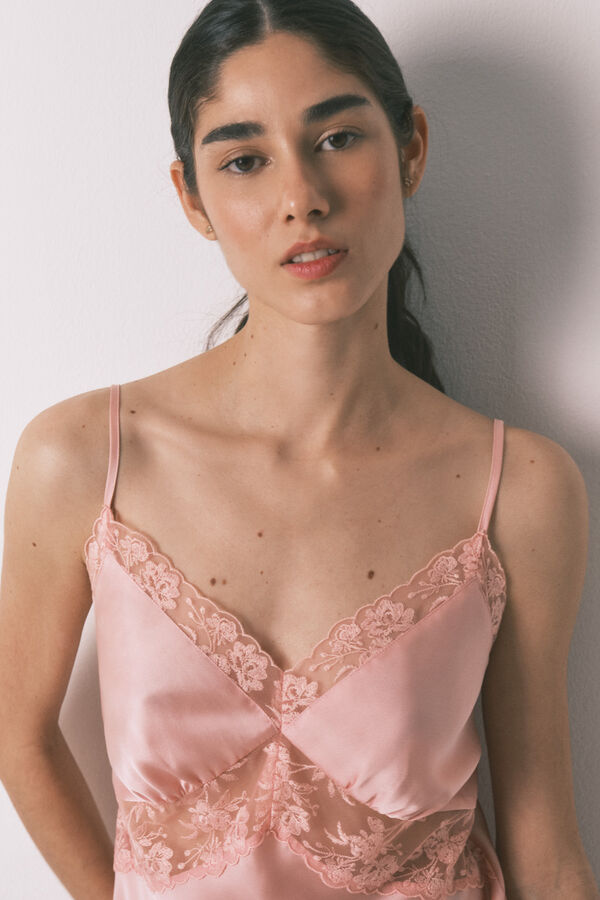 Women'secret Camisa de dormir midi de cetim e renda rosa rosa
