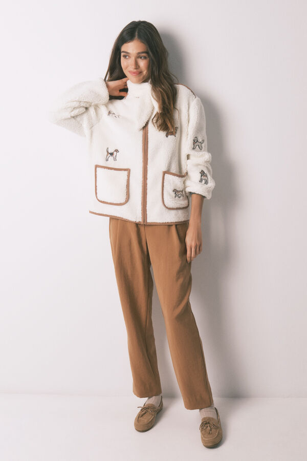 Women'secret Robe acolchoado em pelo com aplica&ccedil;&otilde;es de c&atilde;ezinhos bege