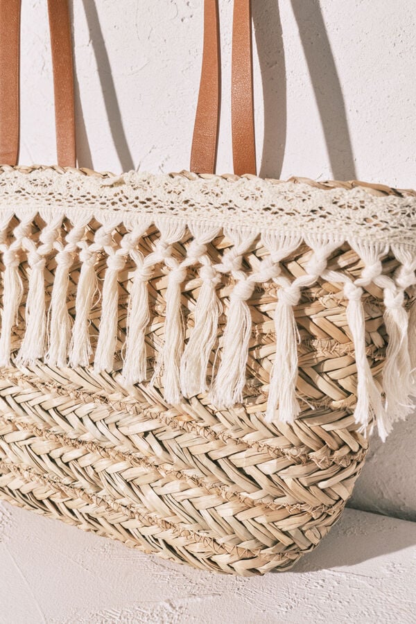Women'secret Mala m&eacute;dia cesto de r&aacute;fia e crochet branco