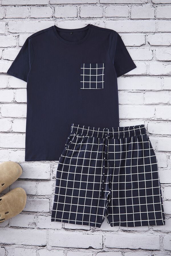 Trendyol Conjunto de pijama curto aos quadrados azul