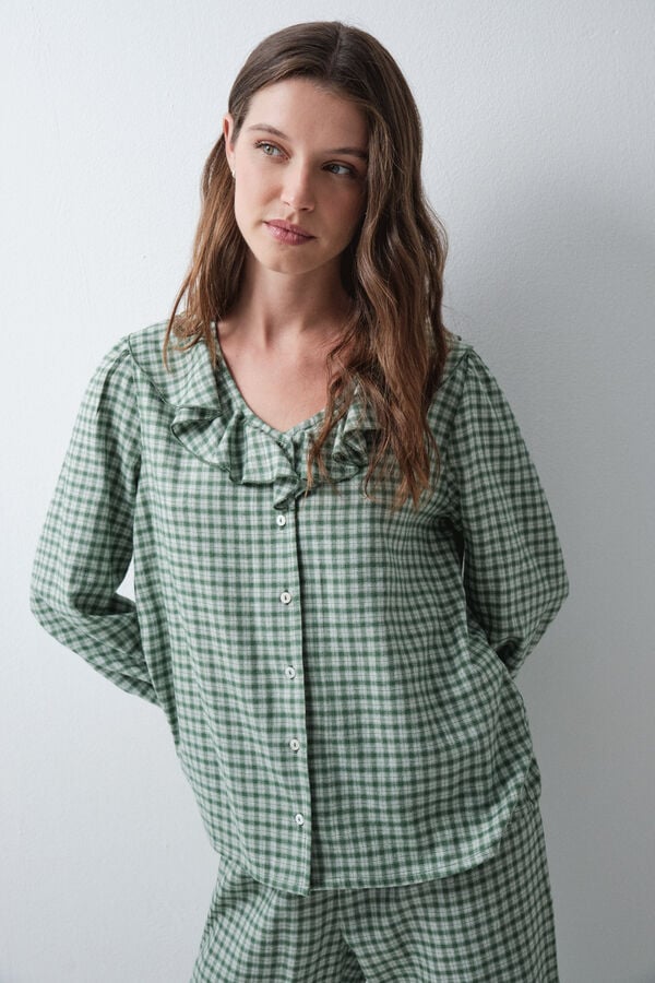 Women'secret Pijama comprido aos quadrados com folhos verde