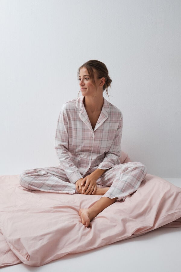 Women'secret Pijama comprido camiseiro em algod&atilde;o xadrez cru