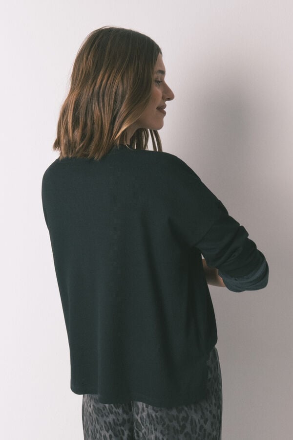 Women'secret T-shirt preta de manga comprida waffle preto