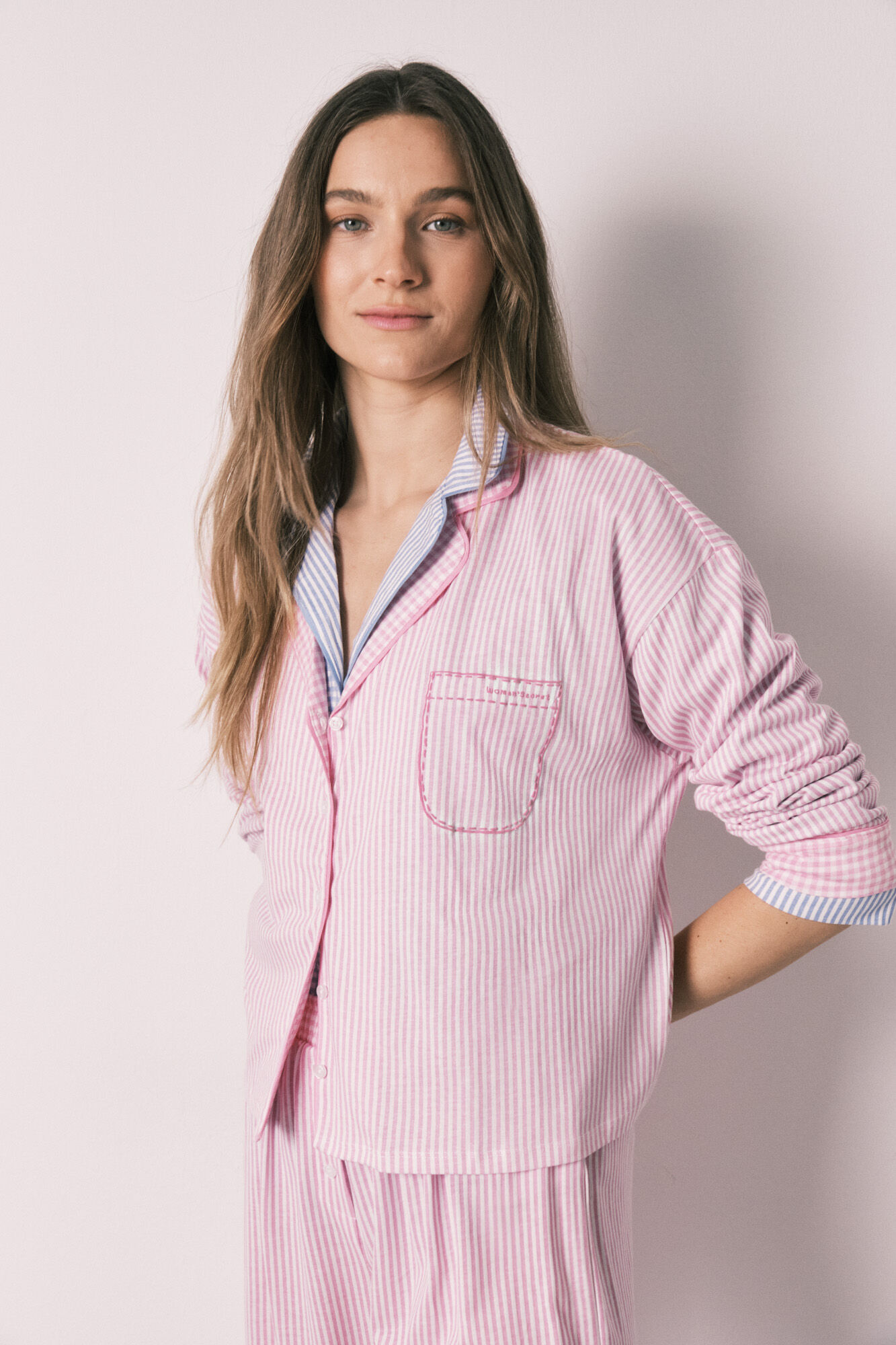 Women'secret Pijama camisero largo rayas rosa algod&oacute;n