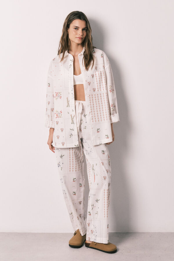 Women'secret Cal&ccedil;as compridas 100% algod&atilde;o estampado floral branco