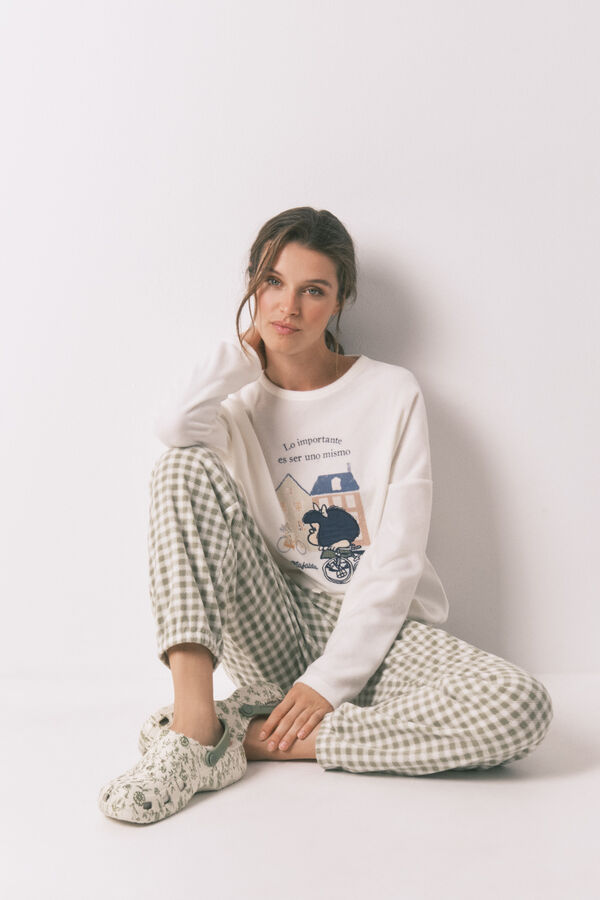 Women'secret Pijama comprido longo de polar Mafalda com xadrez xadrez bege