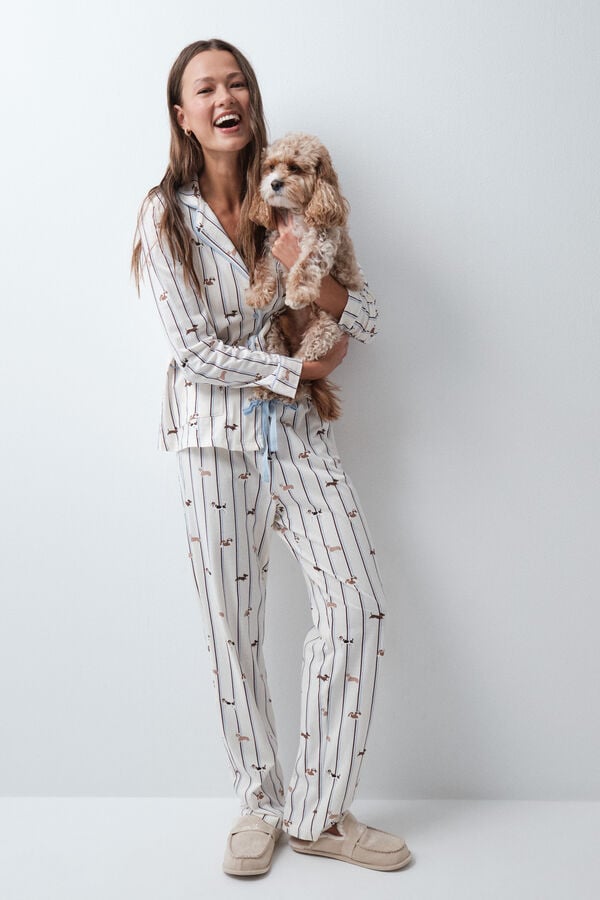 Women'secret Pijama comprido camiseiro de riscas com c&atilde;es branco
