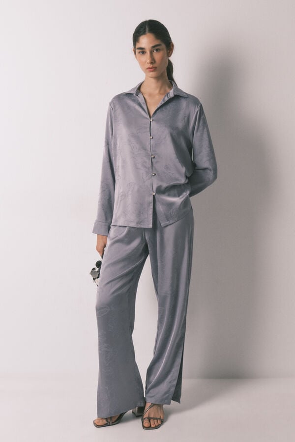 Women'secret Pijama camiseiro comprido cetim jacquard cinzento cinzento