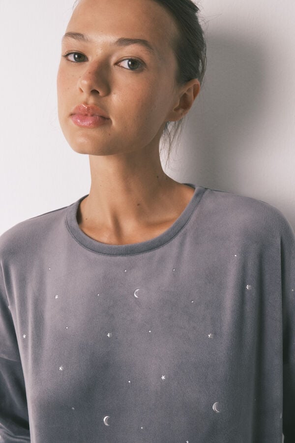 Women'secret Pijama comprido em veludo cinza macio e brilhante cinzento