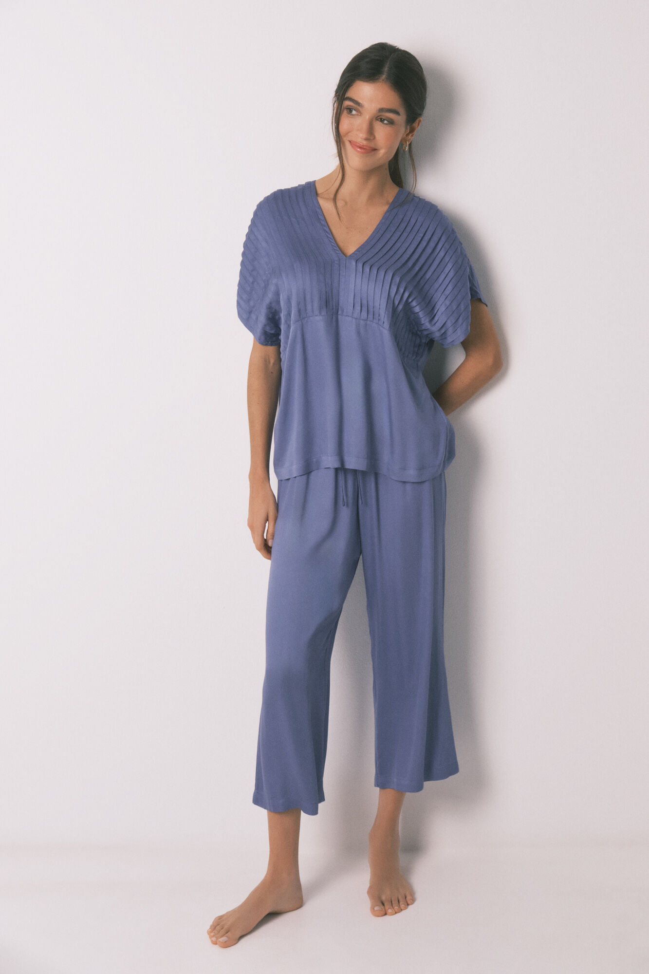 Women'secret Pijama largo azul escote plisado