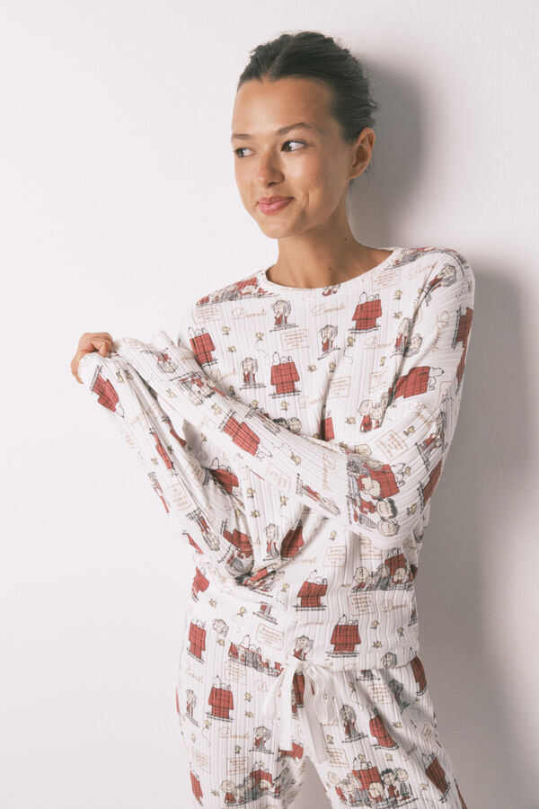 Women'secret Pijama longo em canelada extrassuave branco do Snoopy bege