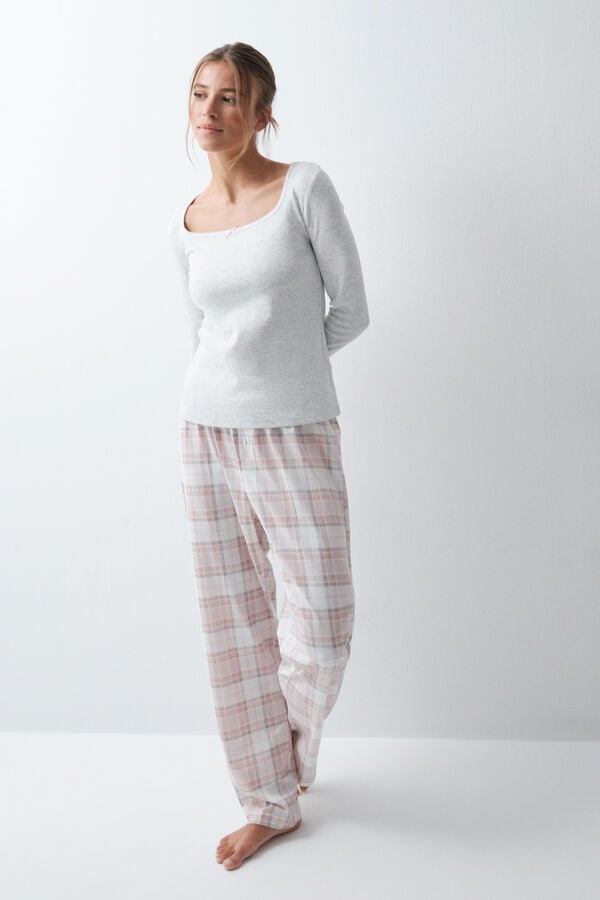 Women'secret Pijama comprido em algod&atilde;o xadrez cinzento