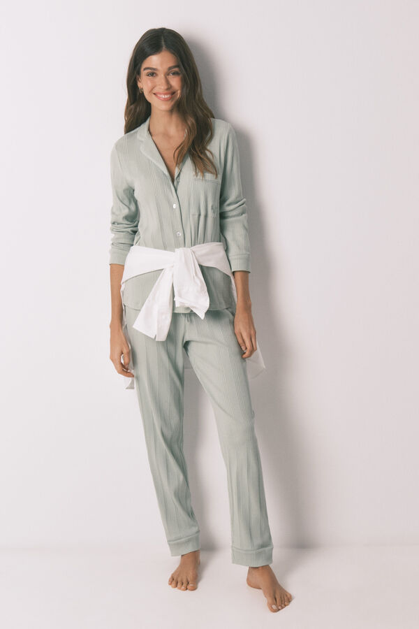 Women'secret Pijama camiseiro comprido em algod&atilde;o canelado verde verde