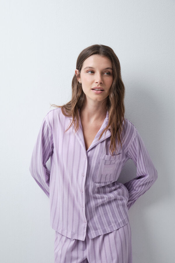 Women'secret Pijama comprido camiseiro de riscas lil&aacute;s rosa