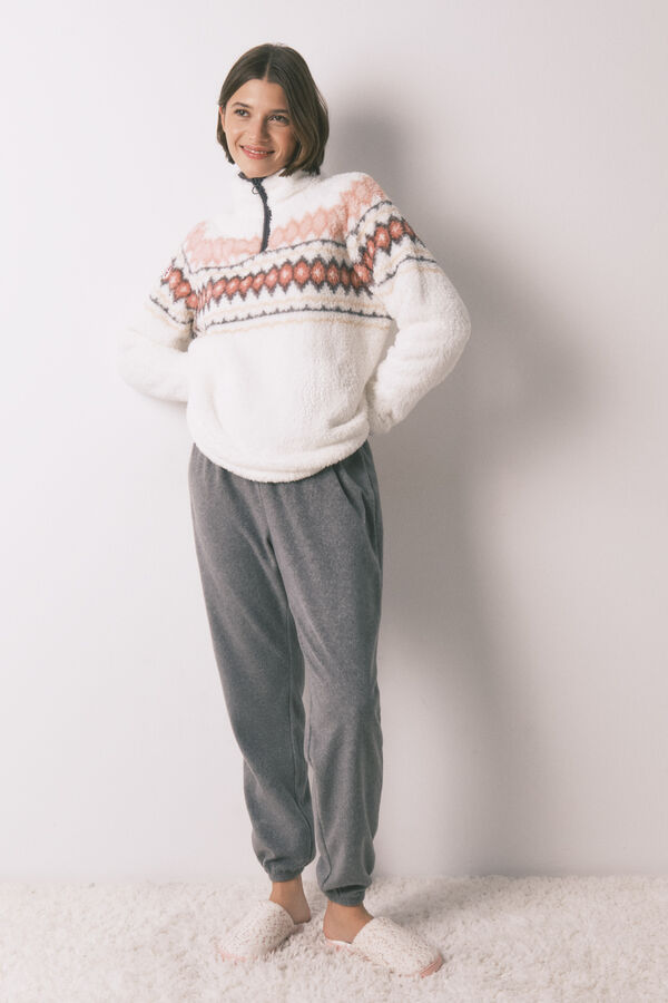 Women'secret Pijama comprido polar suave estampado fair isle bege