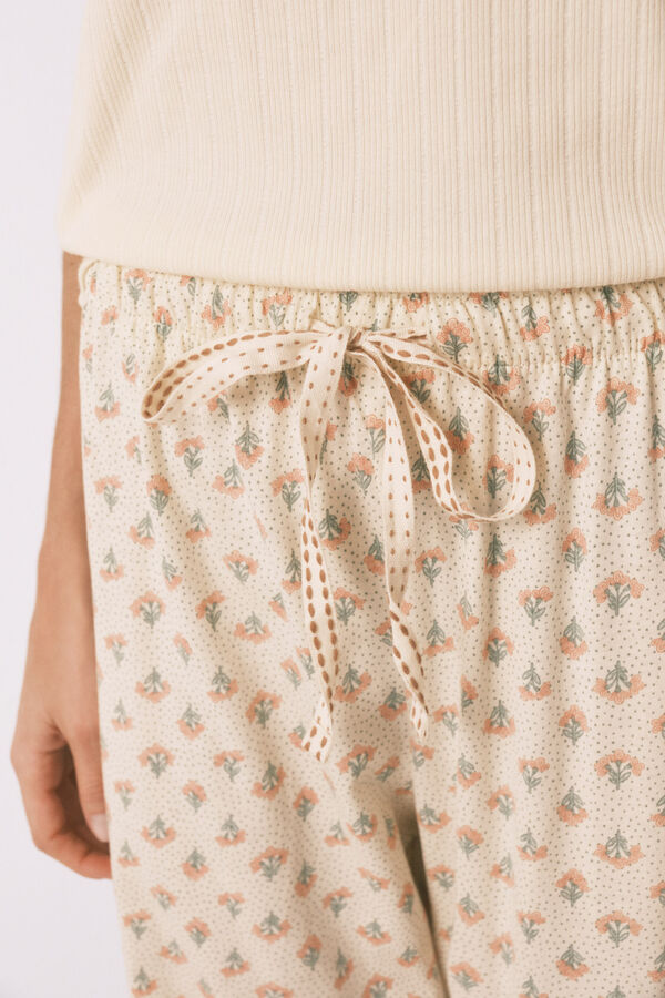 Women'secret Pijama capri em algod&atilde;o estampado de flores amarelo bege