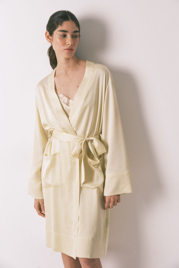 Women'secret Robe curta cetim amarela estampado